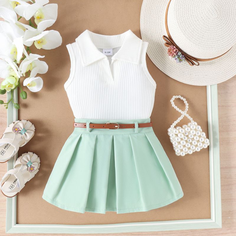 Spring summer new small and medium-sized children's lapel pit stripe sleeveless top+pleated short skirt+belt trendy girl_voghion.com