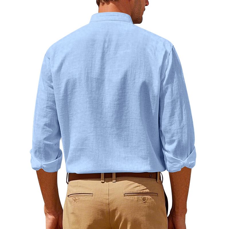 Camicia da uomo in stile cinese, nuova, primavera e autunno, con bottoni in lino, manica lunga, tasca e colletto rialzato_voghion.com