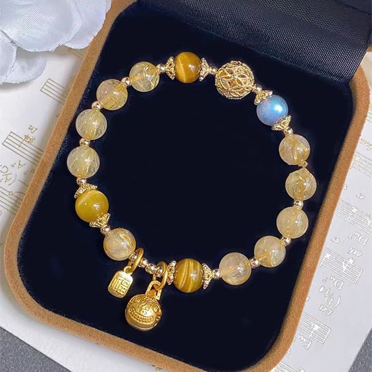 Bracciale in quarzo rutilato giallo titanio con bestia divoratrice d'oro, pietra di luna dorata naturale, regalo per la fidanzata_voghion.com