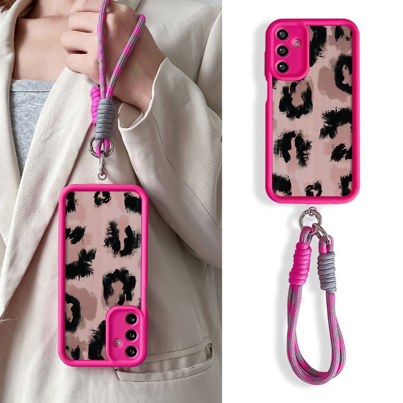Carcasă cu lanț pentru încheietura mâinii pentru Samsung S24 FE S25 Plus Ultra A16 A06 A26 A36 A56 Cartoon Leopard Print Hang Strap Lanyard Phone Cover_voghion.com