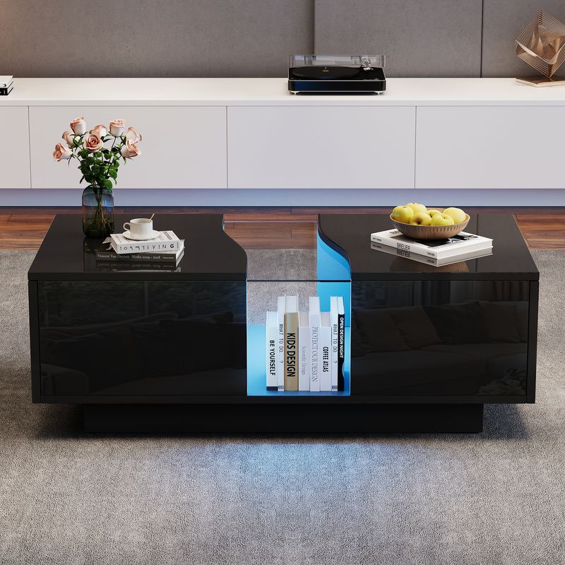 Table basse moderne à LED avec 2 tiroirs, 100 x 50 x 35 cm, plateau en acrylique noir brillant avec éclairage LED, table d'appoint en MDF pour salon et chambre._voghion.com