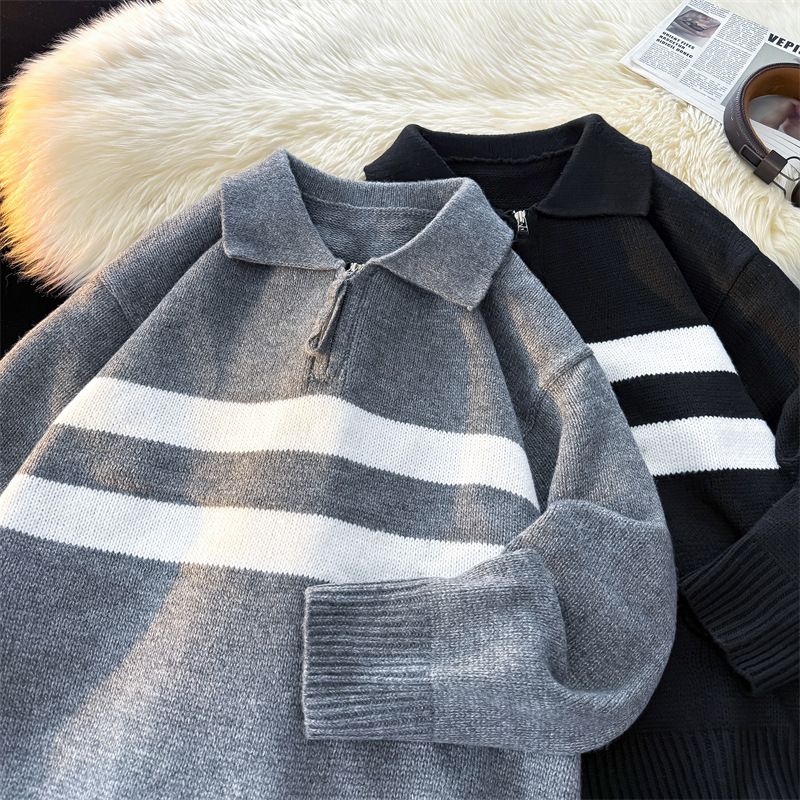 Maglione da uomo con zip a righe color-block – Pullover in maglia con collo polo per inverno e autunno (M-2XL, 60% poliestere, vestibilità ampia, abbigliamento casual da strada)_voghion.com