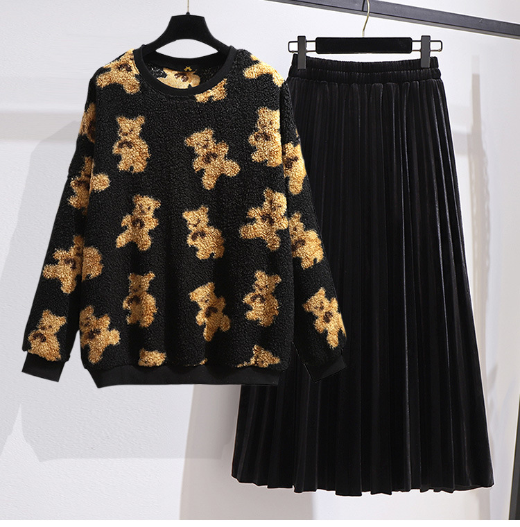 Women's Clothing Fat mm Lambswool Top Gold Velvet Skirt Two piece Set New Suit _voghion.com