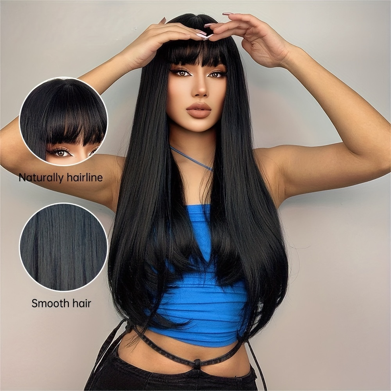 Perruque de cheveux humains avec frange complète, cheveux lisses et lisses, 100% cheveux humains, couleur naturelle_voghion.com