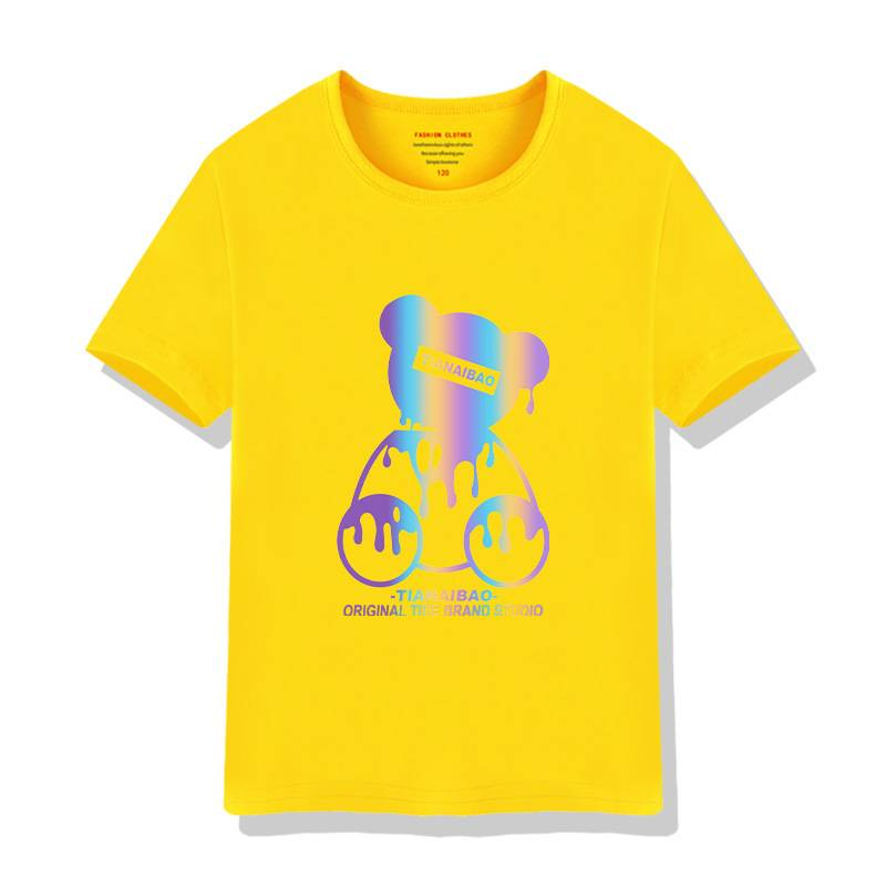 Παιδικά ρούχα για αγόρια κοντομάνικο μπλουζάκι 2024 νέο παιδικό καρτούν καλοκαιρινό αντανακλαστικό αρκουδάκι παιδικά ρούχα από καθαρό βαμβάκι εκτύπωση με στρογγυλή λαιμόκοψη_voghion.com