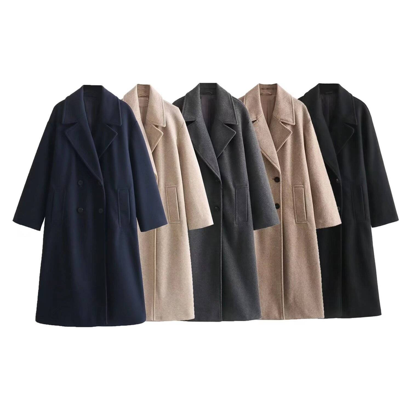 Cappotto in tweed morbido e ampio da donna autunno e inverno nuovo cappotto doppiopetto con risvolto e maniche lunghe di media lunghezza_voghion.com