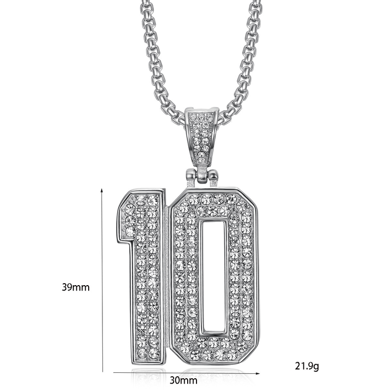 Collana con ciondolo a forma di numero 10 in acciaio inossidabile placcato oro con diamanti, gioielli da uomo Hip Hop HIPHOP_voghion.com