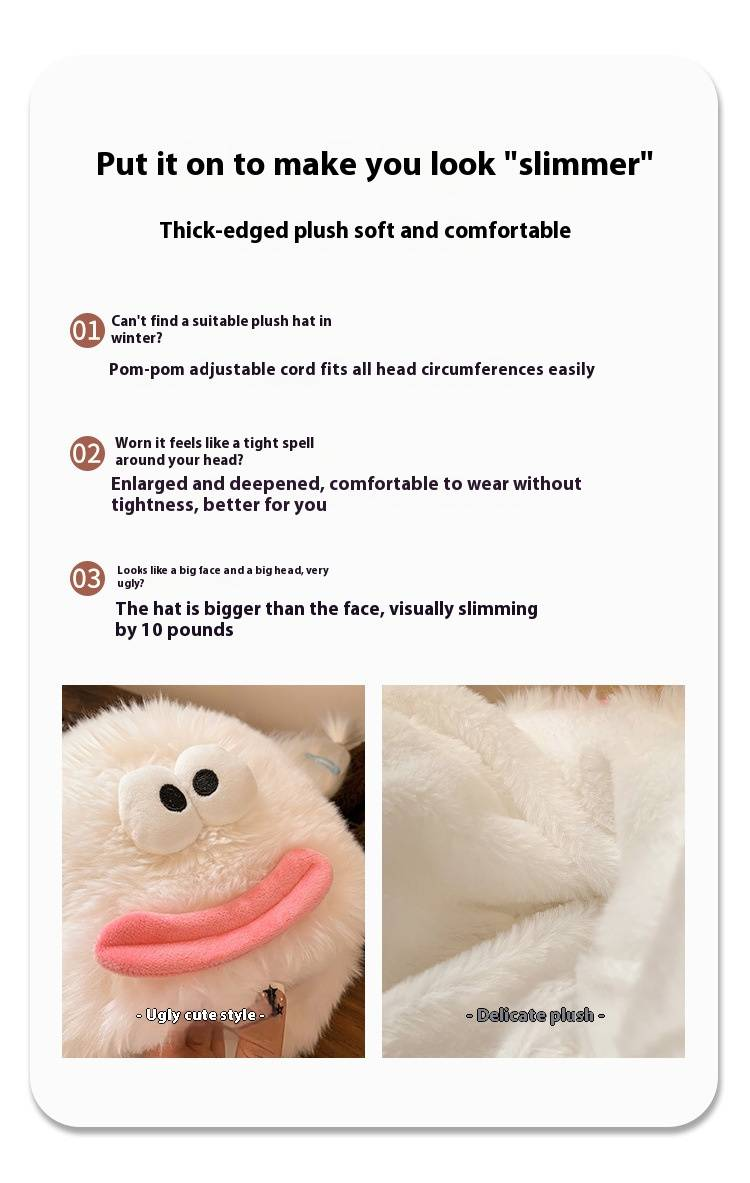 Lustige, hässliche, süße Plüschmütze für Damen, Herbst und Winter, großer Kopfumfang und dicker, warmer Ohrenschutz aus Samt_voghion.com