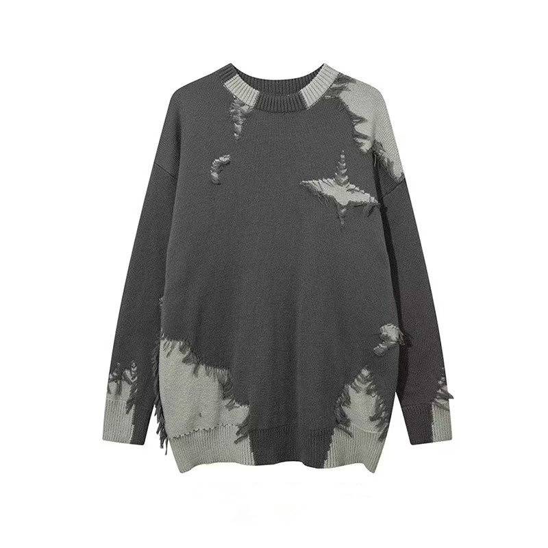 Men's Distressed Knit Sweater With Fringe & Patchwork Design - Oversized Unisex Pullover, Trendy High Street Style For Fall & Winter_voghion.com
