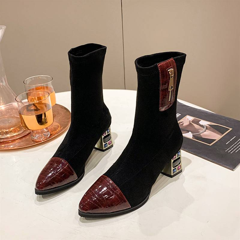 Damenschuhe Mode Dünne Samt Kurze Stiefel Strass Front Reißverschluss Dünne_voghion.com
