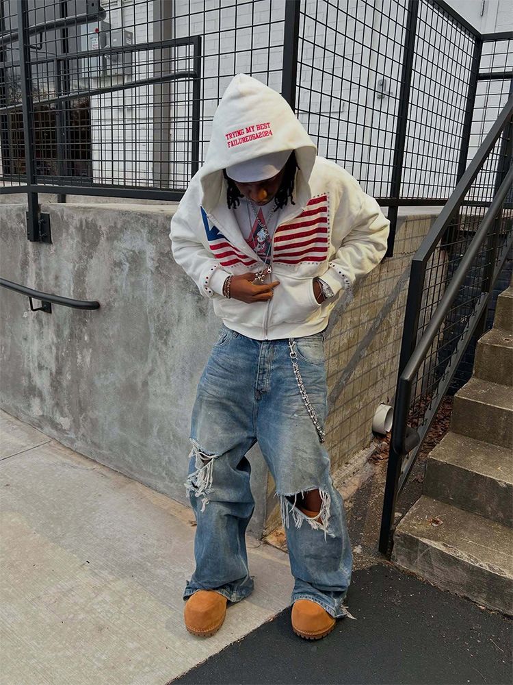 Felpa con cappuccio e zip ricamata Y2K Streetwear da uomo - Pullover retrò oversize con dettagli in strass, nero e bianco_voghion.com