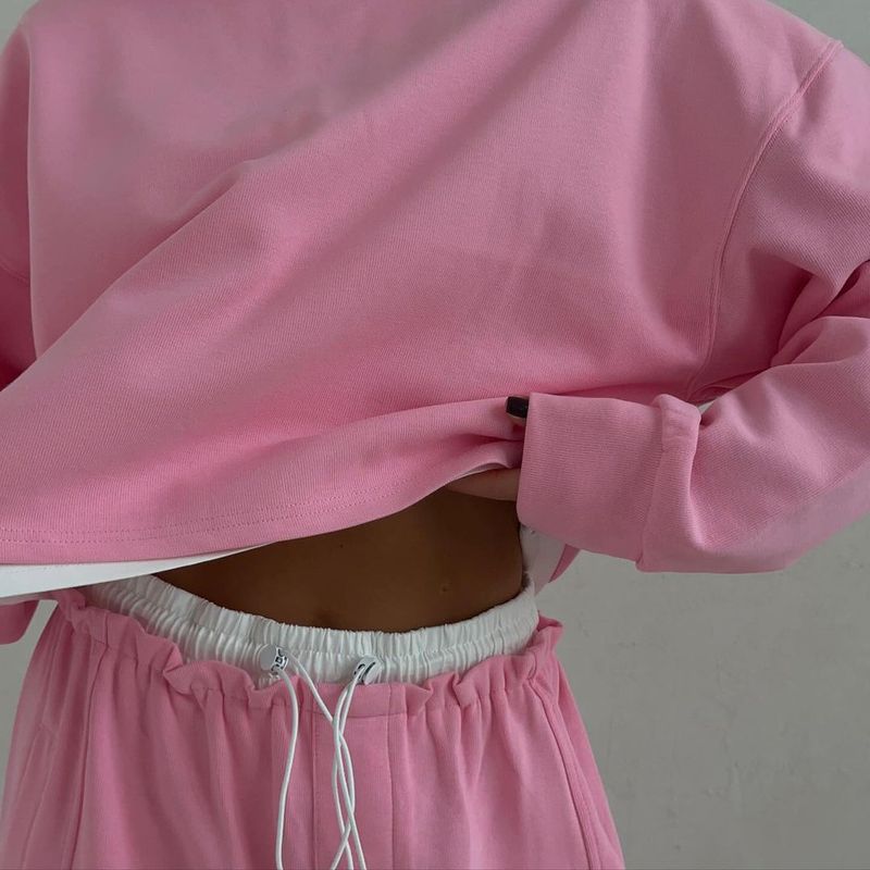 Conjunto casual de dos piezas para mujer: sudadera cómoda con capucha y pantalón recto (rosa, marrón) | Corte holgado, color liso, cierre de cremallera_voghion.com