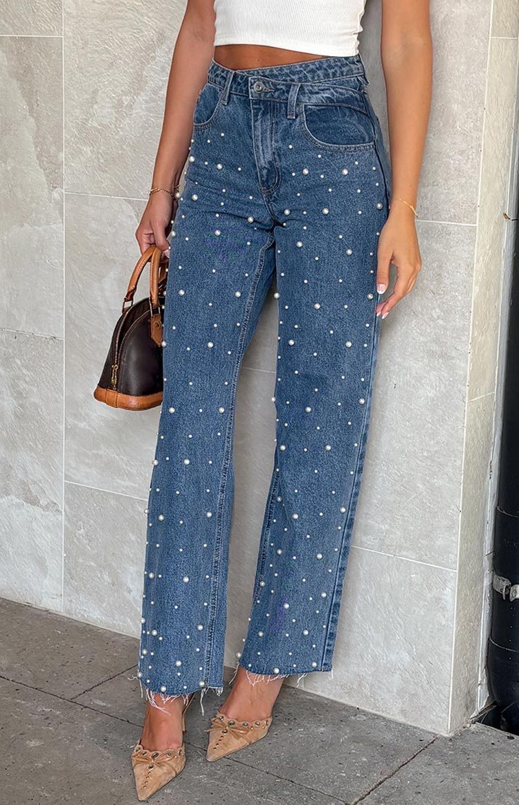 Oblique Waist Cross Beaded Straight-leg Frayed Hem Jeans_voghion.com