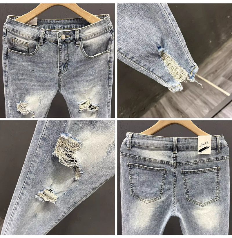 Dünne, elastische, zerrissene 2025 Sommer-Slim-Fit-Jeans mit Rüschen und hübscher verkürzter Passform, trendige Herren-Pelzkante mit kleinem Bein_voghion.com