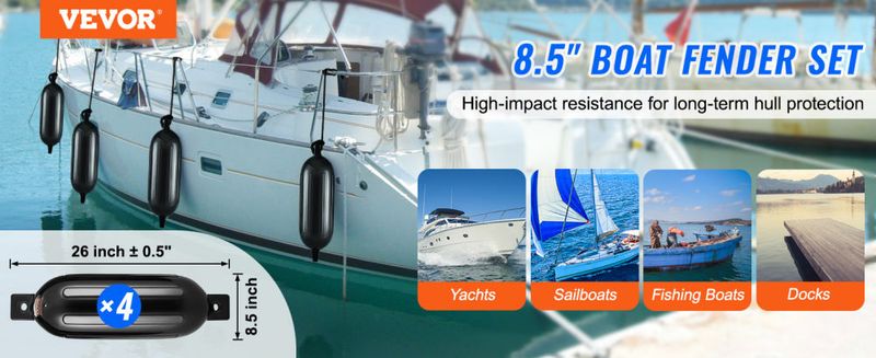 VEVOR Boat Fenders, 8.5" x 26" Boat Bumpers for Docking, Inflatable Ribbed Fender with Center Holes, Marine Boat Dock Fender Bumper with Air Pump, 4 N_voghion.com