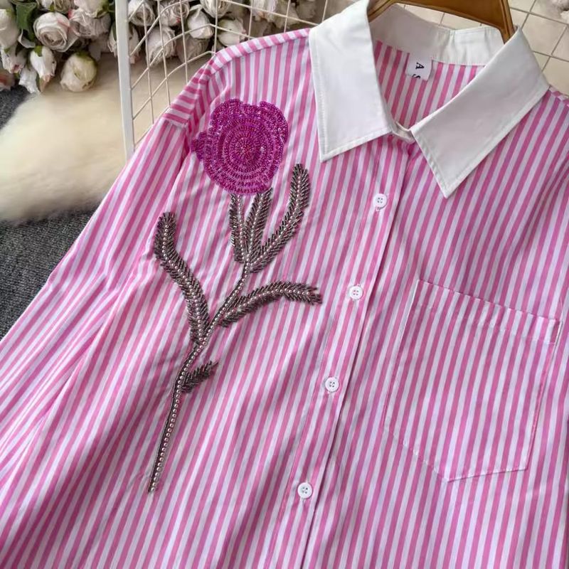 Women's Clothing Beaded Rose Striped Shirt For Women, Heavy Work Chic Small Top Design Niche Long Sleeved Shirt Trend_voghion.com