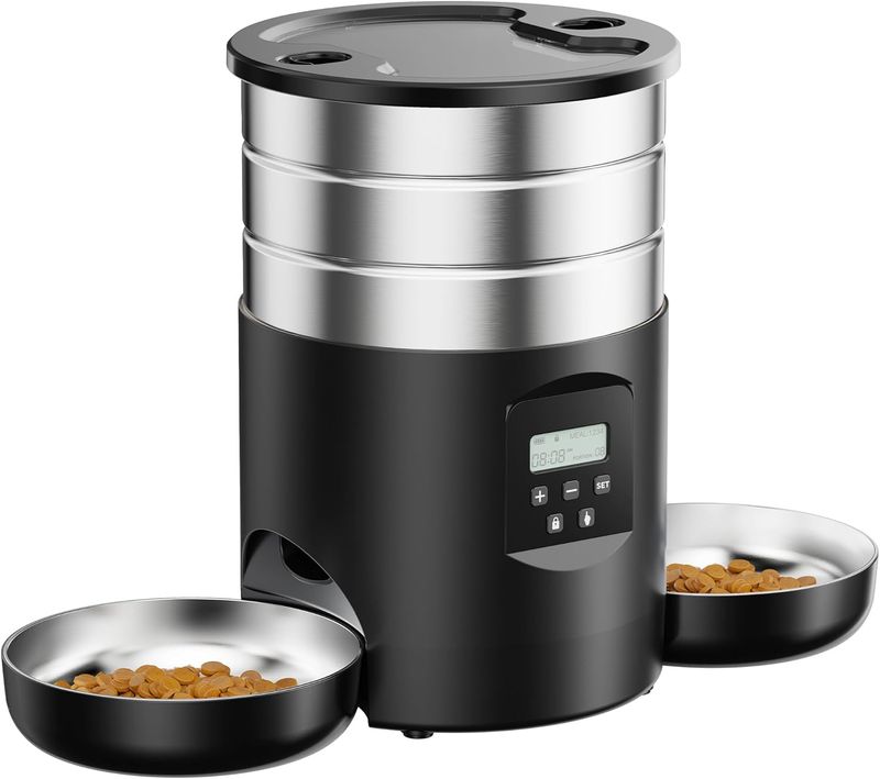 Futterautomat Katze 2 Näpfe Katzenfutter Automat: Edelstahl Futterspender Katze Programmierbarem Timer - 5L Hund Futterautomaten - Trockenfutterspen_voghion.com