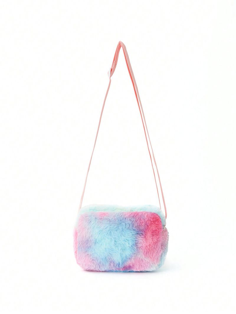 Girls Pink Butterfly Cartoon Print Messenger Bag Kawaii Colorful Plush Outing Small Square Bag Furry_voghion.com