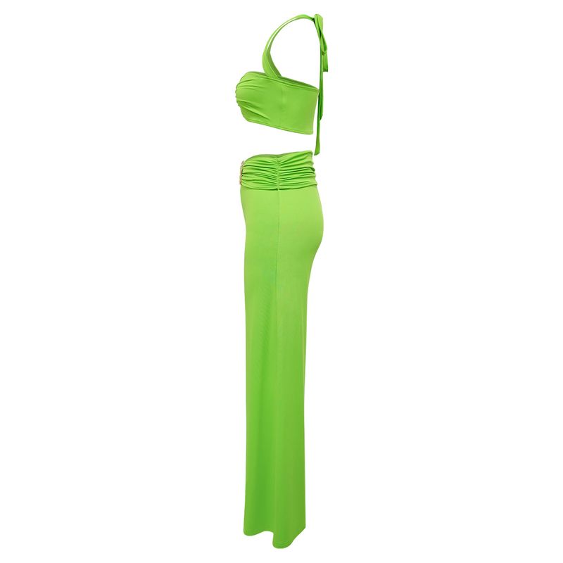 Ensemble deux pièces sexy à col licou et boucle décorative pour femme, vêtements d'été tendance, couleur unie_voghion.com