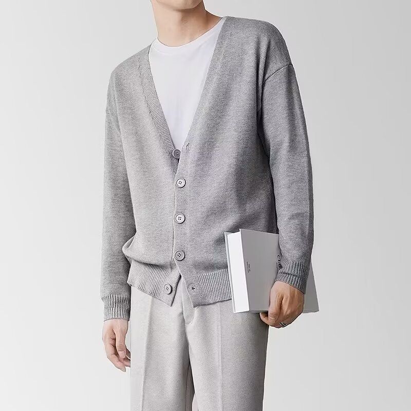 Cardigan in maglia in stile coreano da uomo – Maglione casual slim fit (nero/bianco/kaki, leggero e versatile)_voghion.com