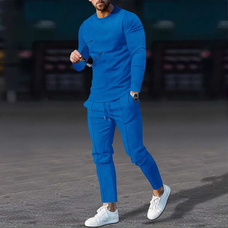 2024 Autumn New Men's Solid Color Waffle Round Neck Long sleeved Pants Set_voghion.com
