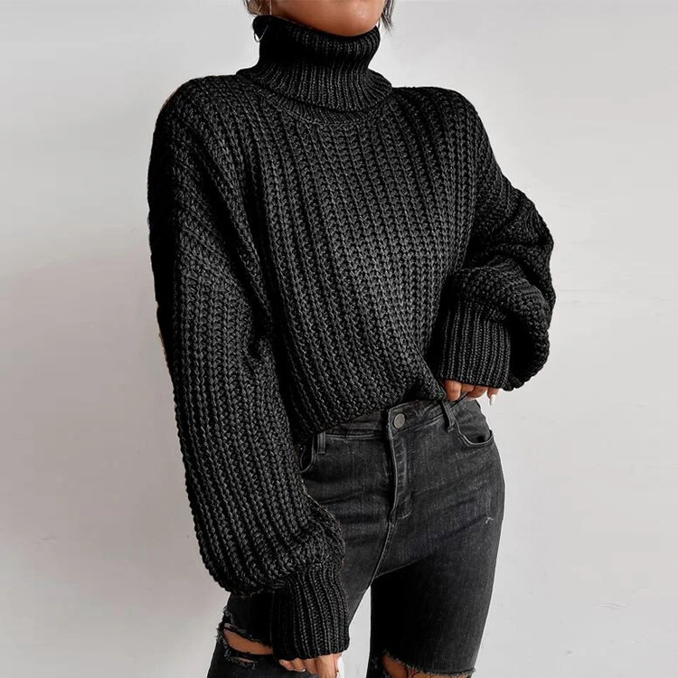 Women's fashion drop shoulder long sleeve knit loose turtleneck sweater_voghion.com