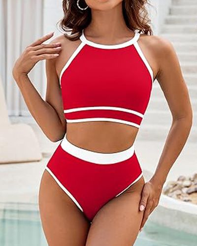 Vêtements pour femmes Maillot de bain pour femmes Ensemble de bikini taille haute Maillot de bain de sport de couleur unie Maillot de bain deux pièces_voghion.com