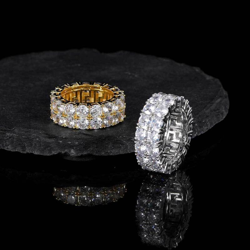 Men And Women's Jewelry Hip Hop Style Double Row Zircon Ring Geometric Design High-Quality Gold Tone Brass Statement Ring For Trendy Outfits_voghion.com