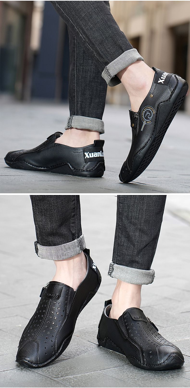 Spring and summer 2024 new oversized perforated breathable casual bean shoes, zipper men's shoes_voghion.com