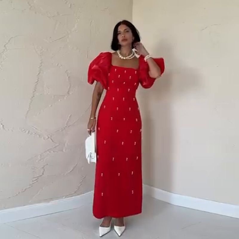 Gonna lunga a pois retrò alla moda con colletto semiaperto, vestibilità aderente, da donna_voghion.com