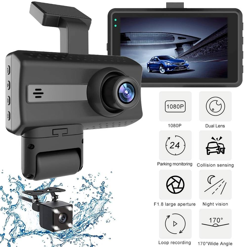 Vairavimo registratorius su didelės raiškos 1080P naktiniu matymu ir 360 laipsnių pasukamu objektyvu, skirtas dvigubam įrašymui automobilio priekyje_voghion.com