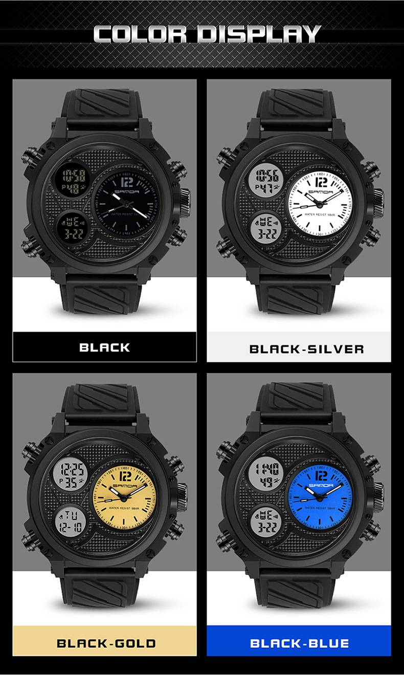SANDA LED Digital Sport Watches 50m Waterproof Electronic Wristwatch Three Time Display Quartz Watch for Men Alarm Clock_voghion.com