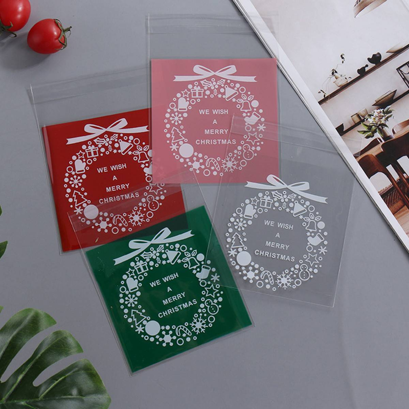 25 Stück rote Keksverpackungsbeutel mit Weihnachtskranz, Schneeflocken-Süßigkeiten-Druckverschlussbeutel, selbstklebende Backverpackungsbeutel_voghion.com