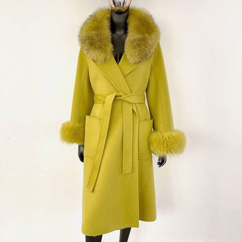 Dámské oblečení Fox Fur Collar Water Ripple oboustranný vlněný kabát pro ženy Luxusní vysoce kvalitní vlněný kabát_voghion.com