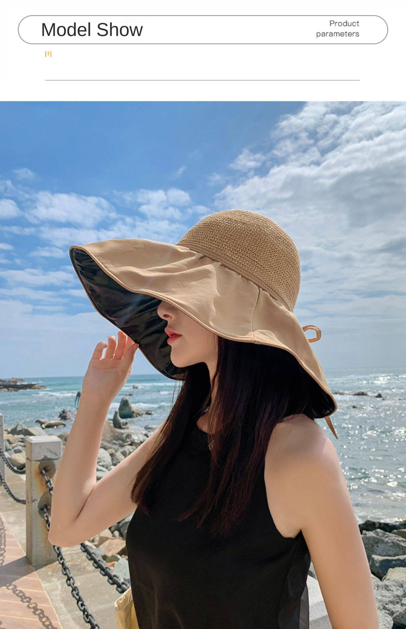 Sunscreen Hat, Women's Summer Straw Hat, UV Protection, Face Shading, Sun Hat, Fisherman's Hat, Black Rubber Big Brim_voghion.com
