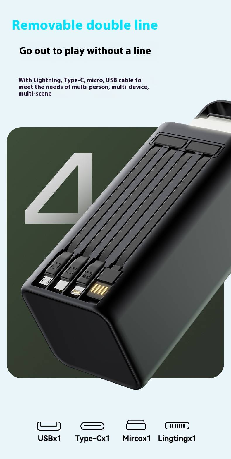 50000mAh-s külső akkumulátor beépített kábelekkel - 22,5 W-os gyorstöltés, összecsukható és hordozható, LED-es zseblámpával, dupla USB kimenettel_voghion.com