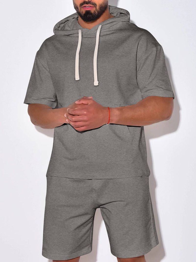 Nuovo prodotto 2025, abbigliamento sportivo casual da uomo europeo e americano, a maniche corte e pantaloncini, con cappuccio, tinta unita, due pezzi_voghion.com
