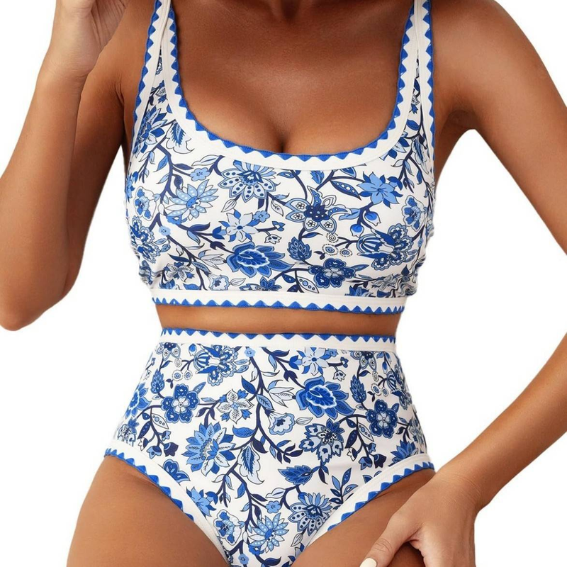 Conjunto de bikini de dos piezas con estampado floral para mujer, cintura alta, cuello redondo bajo_voghion.com