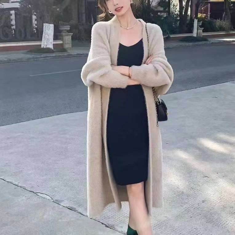 Weicher Strick-Cardigan für Damen, langer Mantel, lockere Passform, übergroßer V-Ausschnitt, grober Pullover, Oberbekleidung für Herbst und Winter_voghion.com