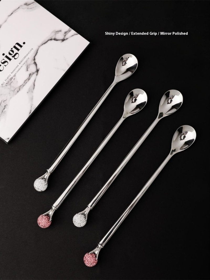 Elegant 304 Stainless Steel Long Handle Mixing Spoon With Sparkling Rhinestones - Perfect For Afternoon Tea, Coffee, And Desserts_voghion.com