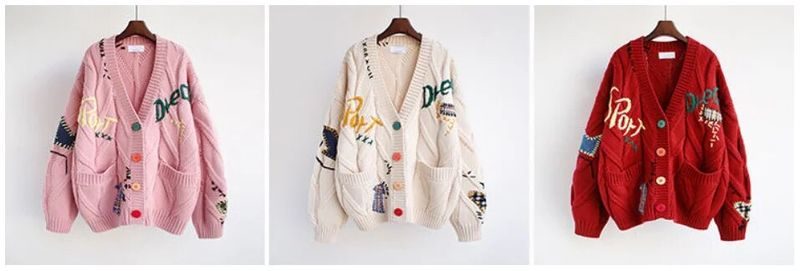 Cardigan tricoté chaud pour femmes, pull ample avec poche brodée, mode printemps 2022_voghion.com