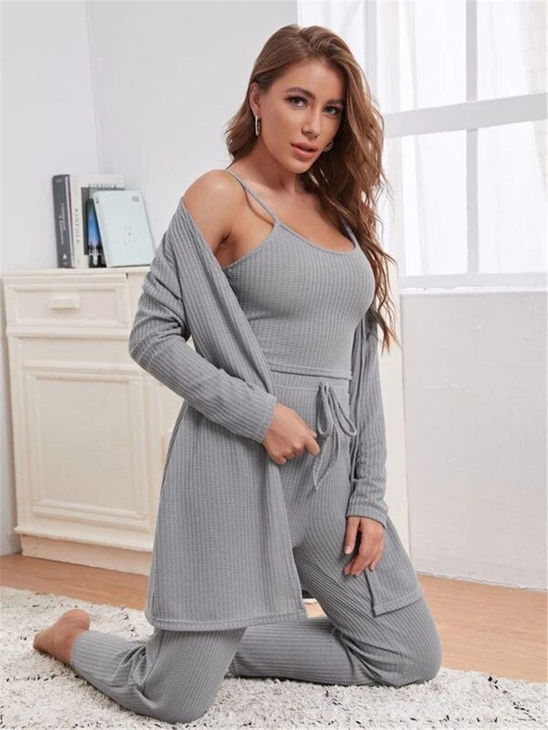 Women's home wear women's Waffle knit halter top trousers robe pajamas three sets_voghion.com