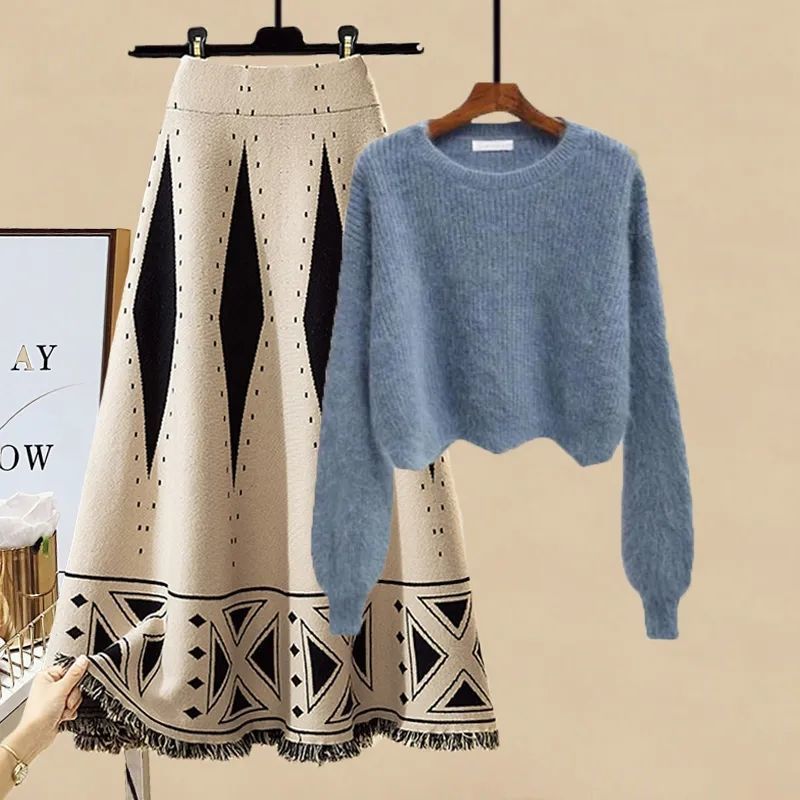 Women's Clothing Plus Size Autumn Suits Age Reducing Wavy Edge Short Sweater Slim Skirt Two Piece Suit_voghion.com