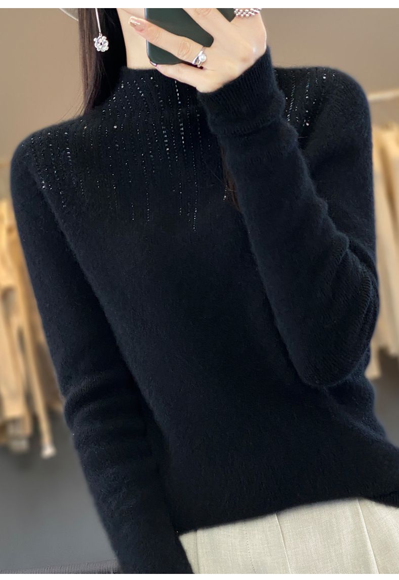 Eleganter Strickpullover Damen Halbrollkragenpullover mit Strassverzierung, Slim Fit, Andy Fleece Stoff, geometrisches Muster_voghion.com