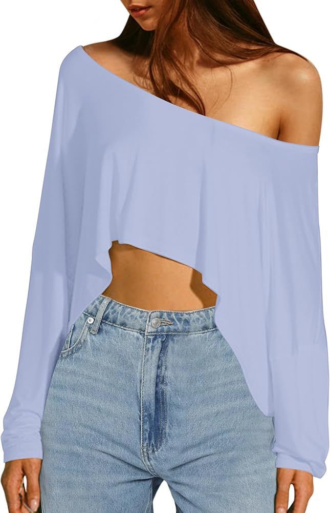 Europese en Amerikaanse dames effen kleur schuine kraag lange mouw onregelmatig ultra kort navel bloot losse casual mode pullover T-shirt_voghion.com