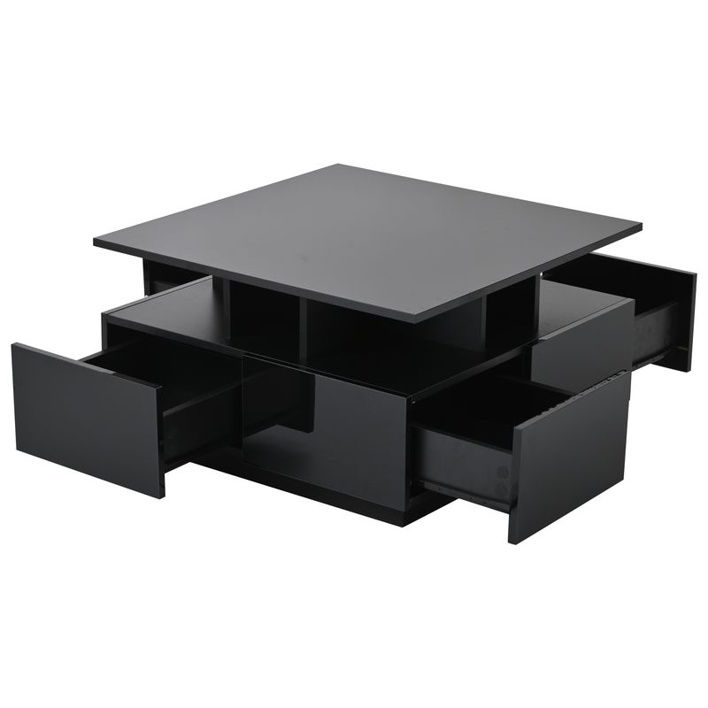 Table basse de salon noire brillante 70 x 70 x 40 cm avec éclairage LED, table d'appoint à 4 tiroirs, design géométrique, capacité de charge de 30 kg._voghion.com
