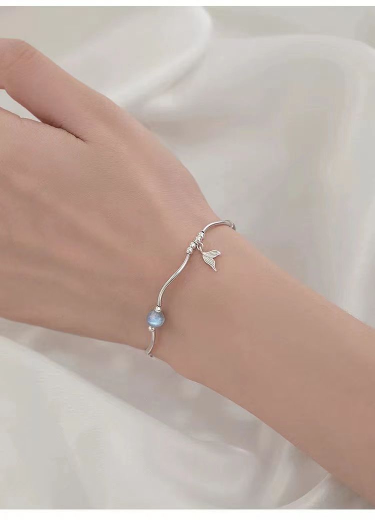 Braccialetto in argento sterling SNOW&HOMEL con coda di pesce, design di nicchia, leggero, di lusso, estivo, da donna, con pietra al chiaro di luna, migliore amico_voghion.com