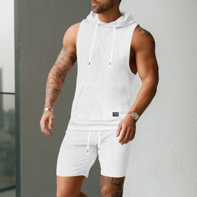 Ärmlös enfärgad jacquardstickad huvad ärmlös t-shirt casual västshorts set för män_voghion.com