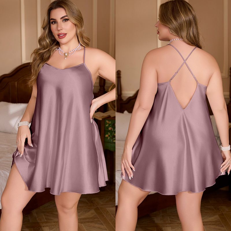 New Plus Size Ice Silk Solid Color Nightdress For Women With Straps Simple Short Nightgown Homewear SQ22148_voghion.com