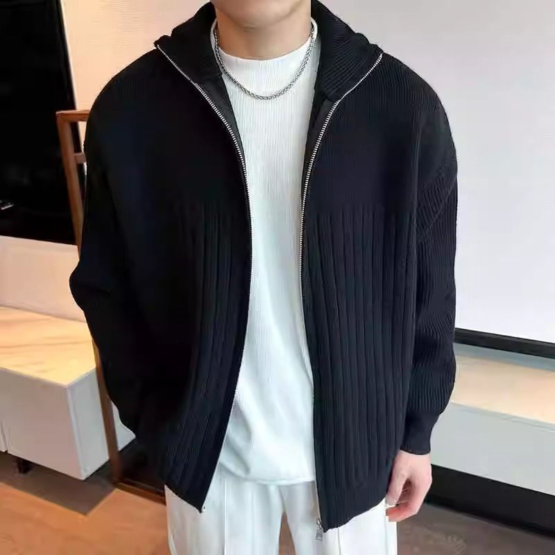Knitted Sweater For Men, Loose Fit Jacket, Ins Style, Autumn, Stylish Stand Collar, Casual Striped Cardigan, Trendy_voghion.com